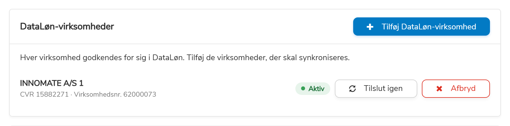 Panelet DataLøn-virksomheder med et tilsluttet lønfirma med status Aktiv