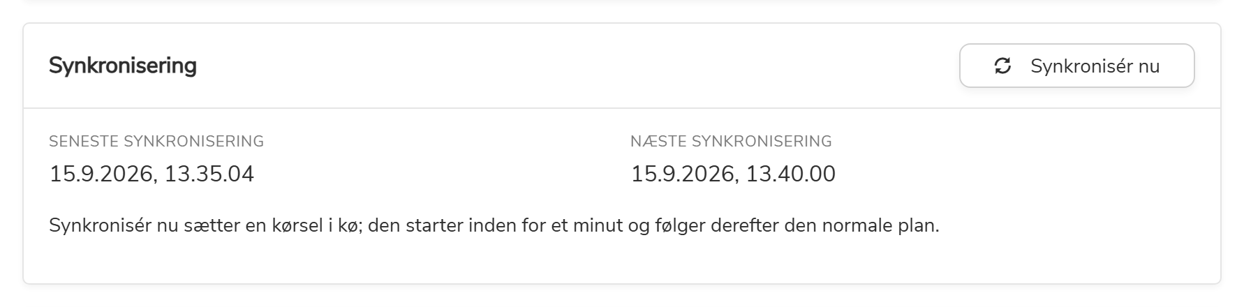Synkroniseringspanelet med seneste og næste synkronisering samt knappen Synkronisér nu