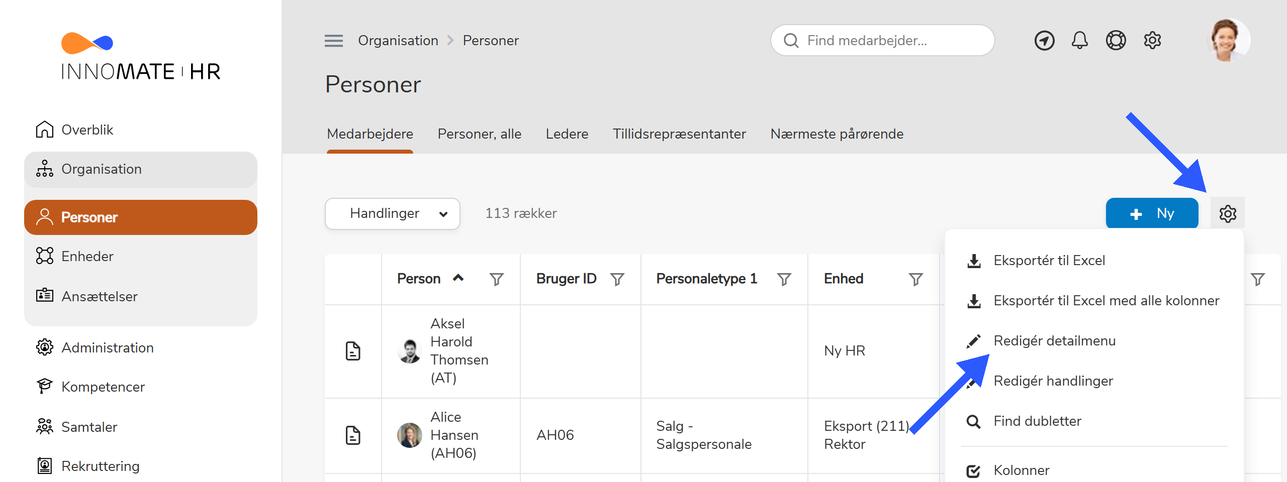 Menuen Flere muligheder på persondetaljesiden