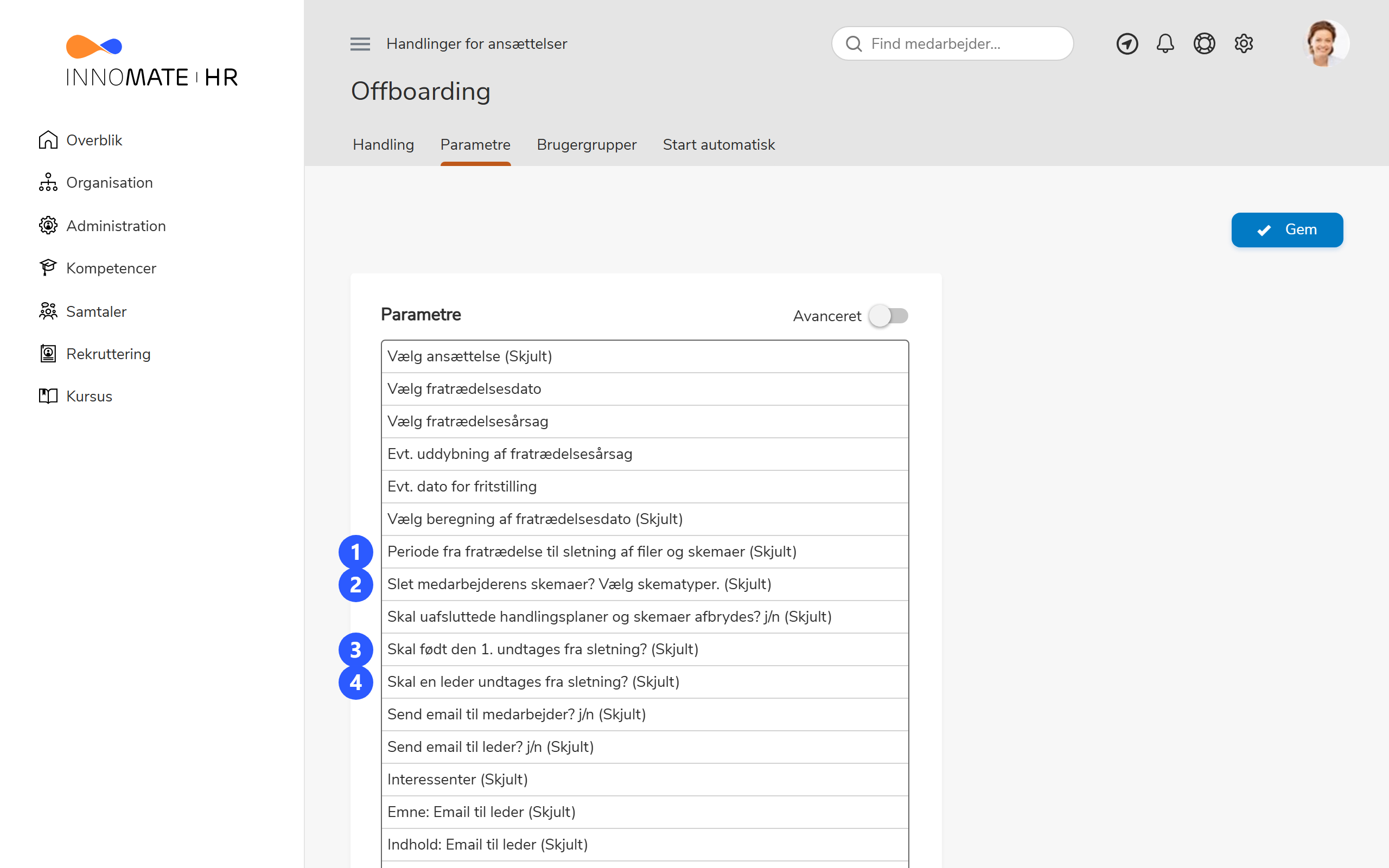 Offboarding parametre med fire nummererede indstillinger