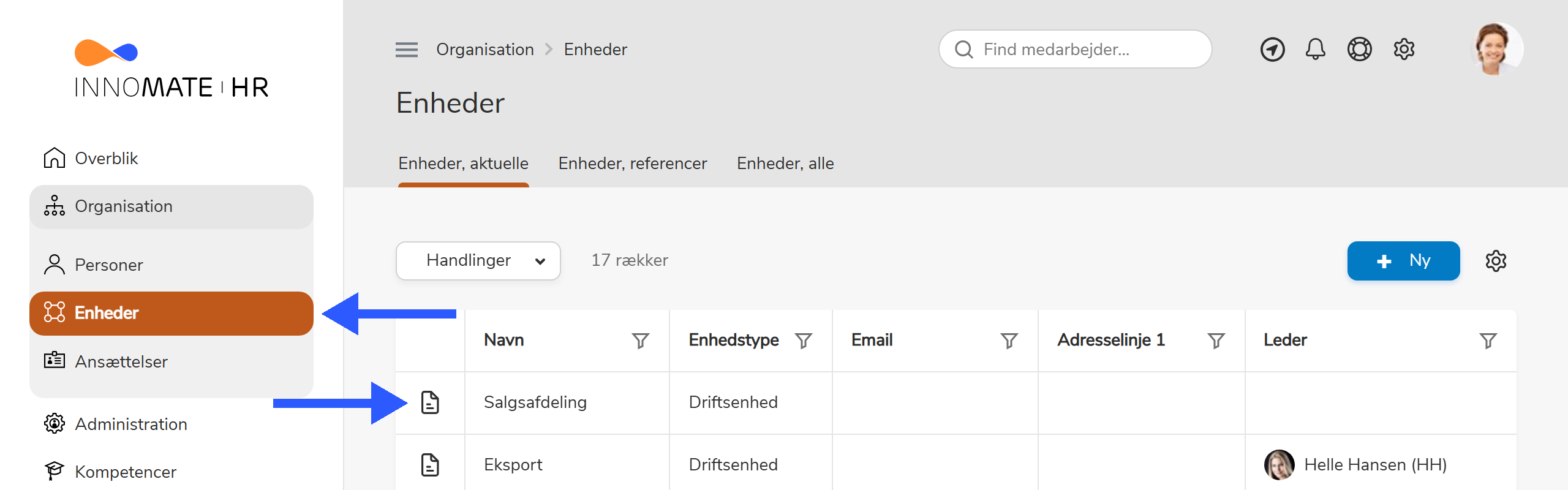Enhedsdetalje med leder-oversigt