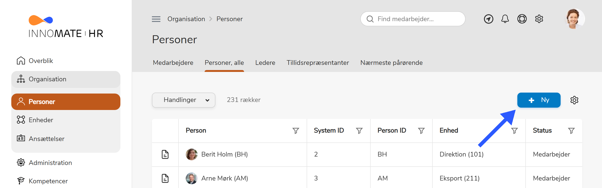 Personliste med knappen +Ny til oprettelse af ny person