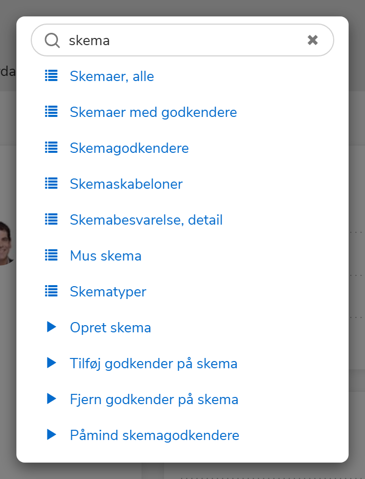 Søgeresultater for "skema" der viser menupunkter og handlinger